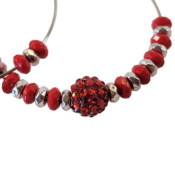 Large Red Beaded Hoop Earrings 3" Silver Tone Rhinestone Accent Pierced Holiday - Picture 2 of 7